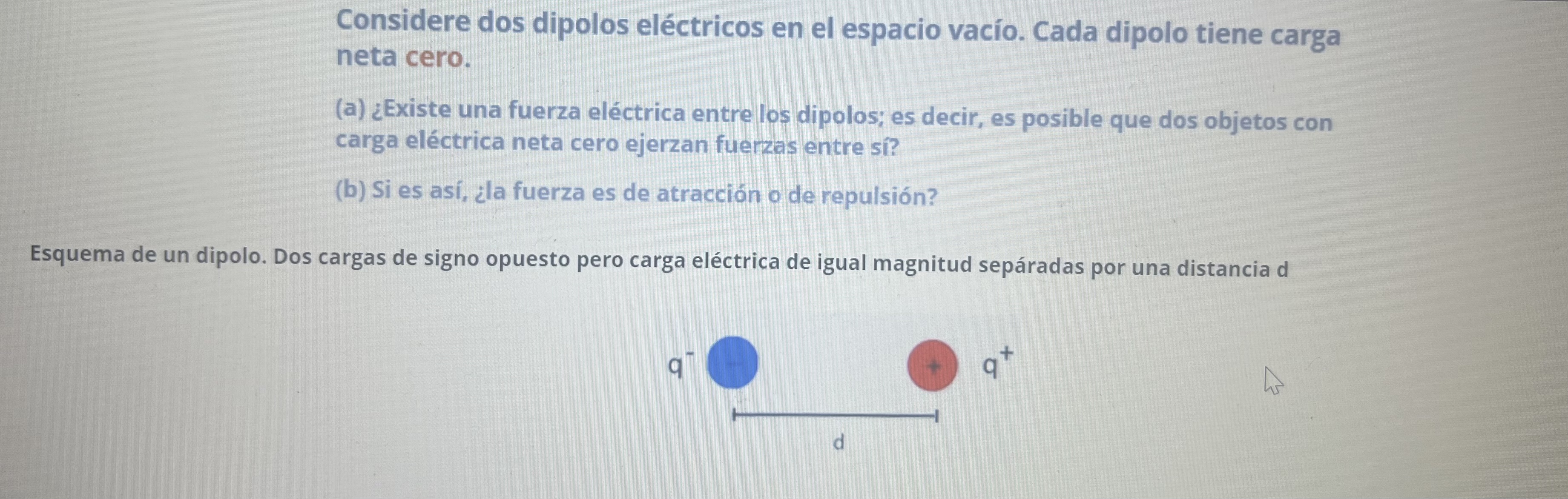 Considere dos dipolos eléctricos en el espacio vacío. Cada dipolo tiene carga neta cero. (a) ¿Existe una fuerza eléctrica ent