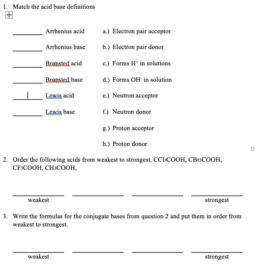 Solved 1. Match the acid base definitions + Arrhenius acid | Chegg.com