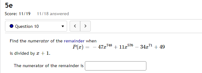 Solved 5e Score: 11/19 11/18 answered Question 10 748 | Chegg.com