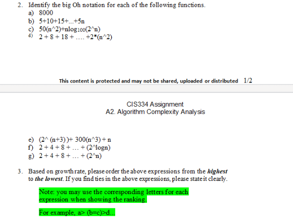 Solved 2. Identify The Big Oh Notation For Each Of The | Chegg.com