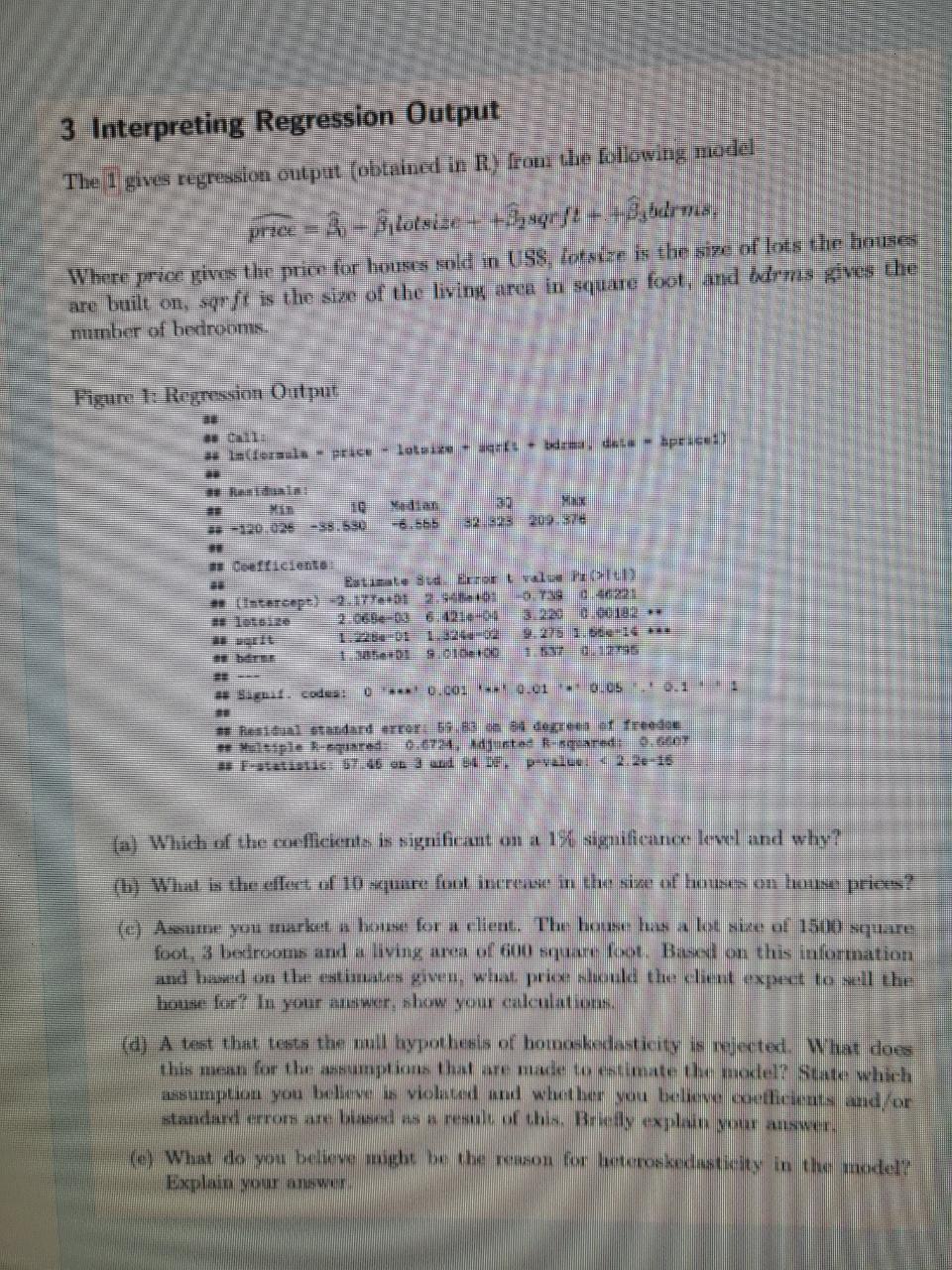 Solved 3 Interpreting Regression Output The 1 Gives