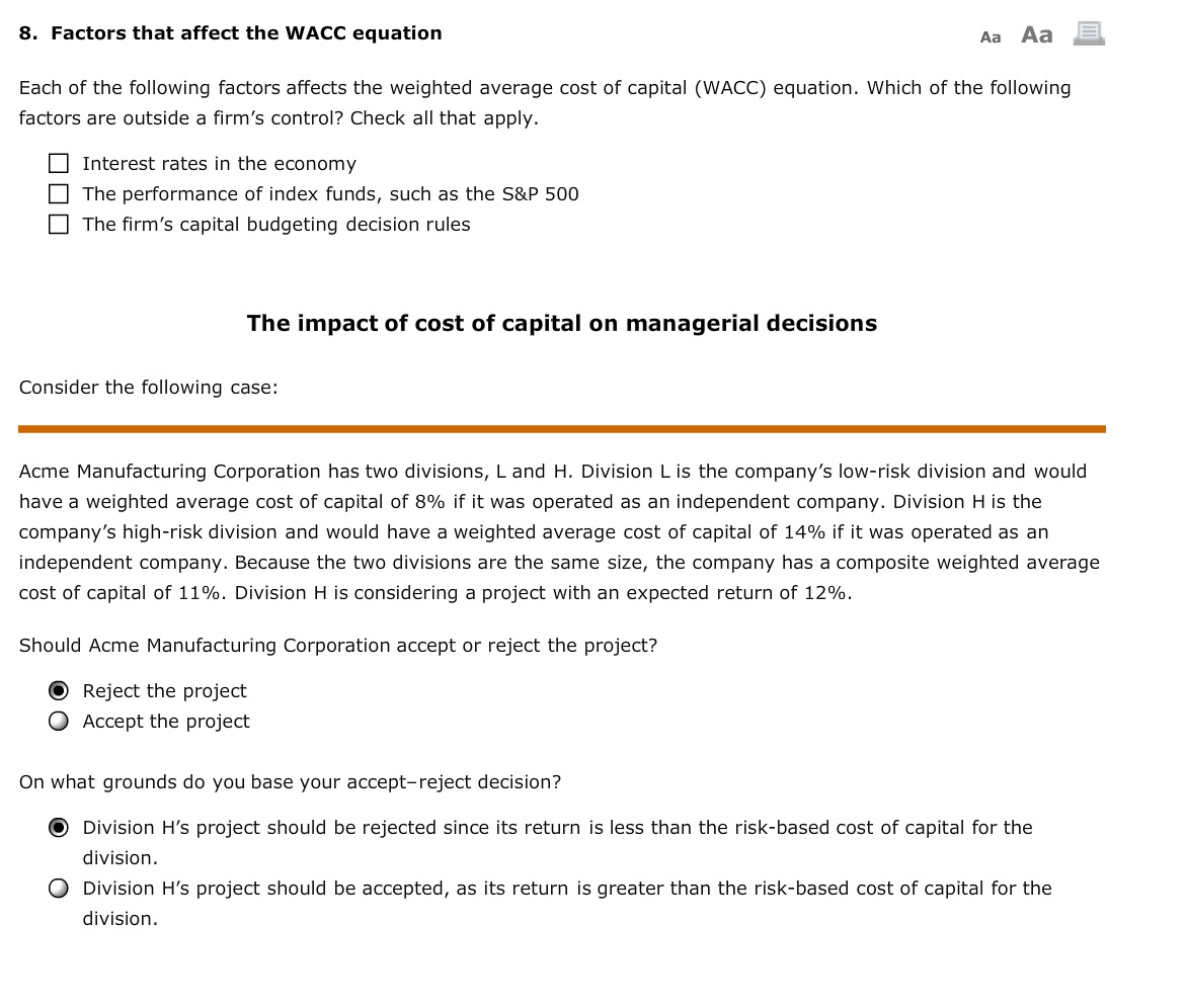 Solved 8. Factors that affect the WACC equation Aa Aa E Each | Chegg.com