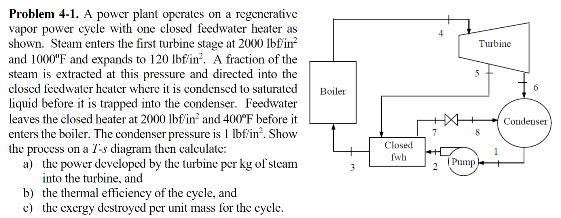 Problem 4-1. A power plant operates on a regenerative vapor power cycle with one closed feedwater heater as shown. Steam ente