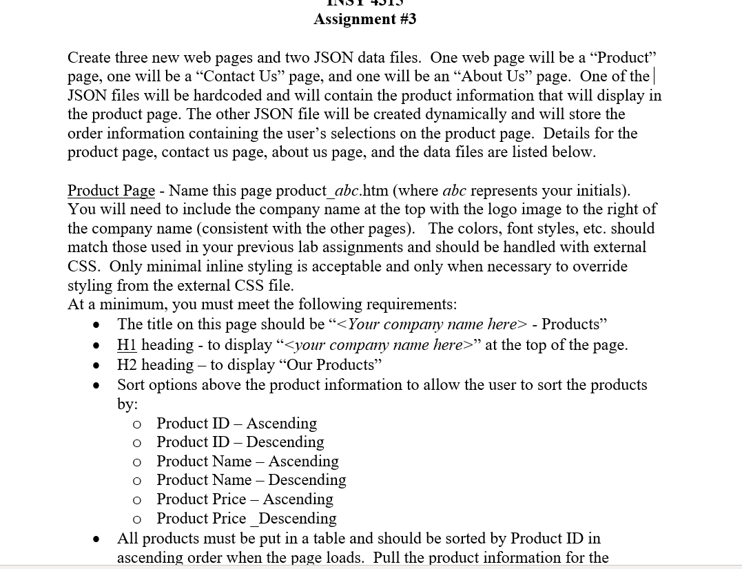 Assignment #3 Create three new web pages and two JSON | Chegg.com