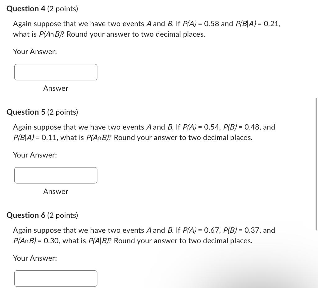 Solved Again suppose that we have two events A and B. If | Chegg.com