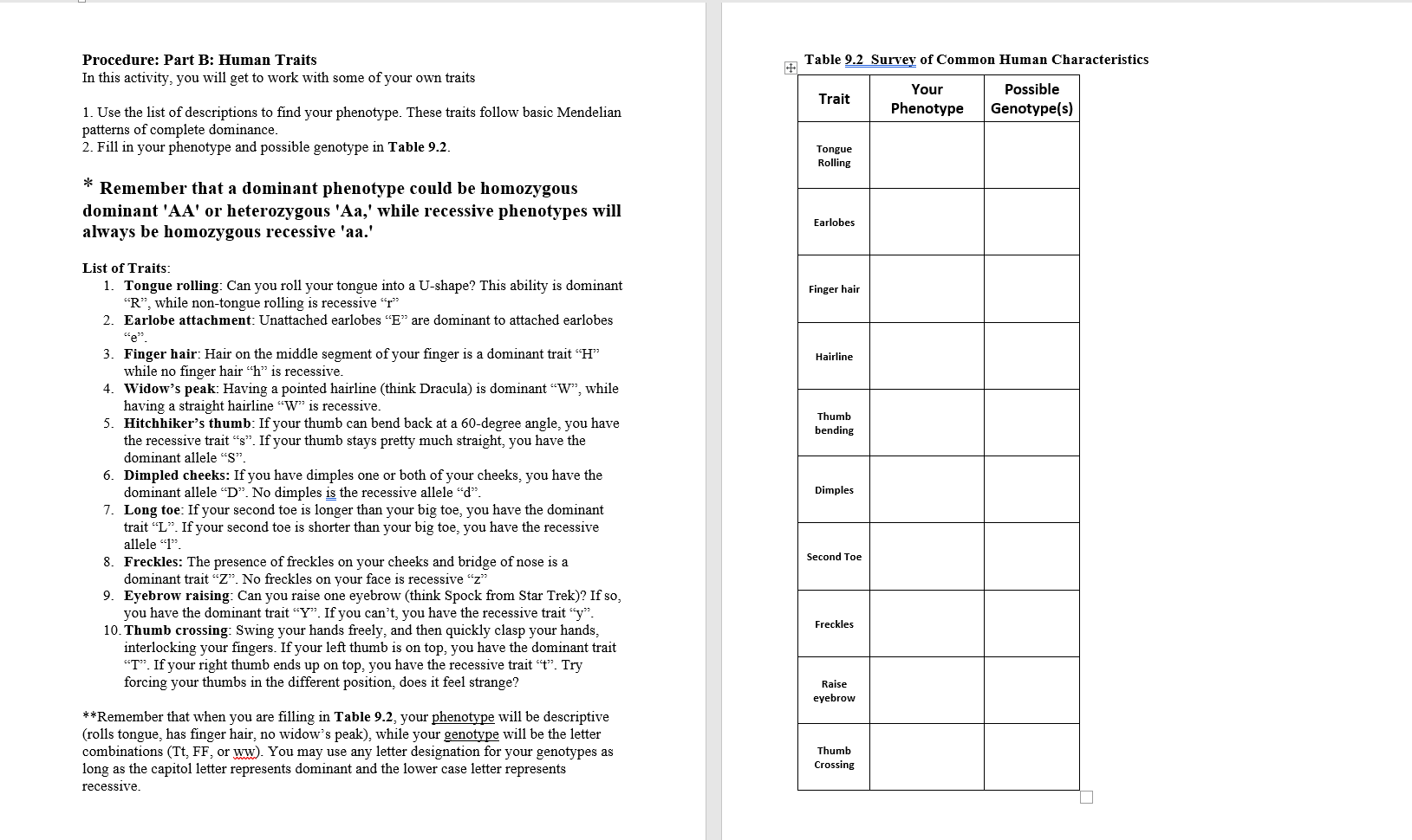 Solved Table 9 2 Survey Of Common Human Characteristics Chegg Com