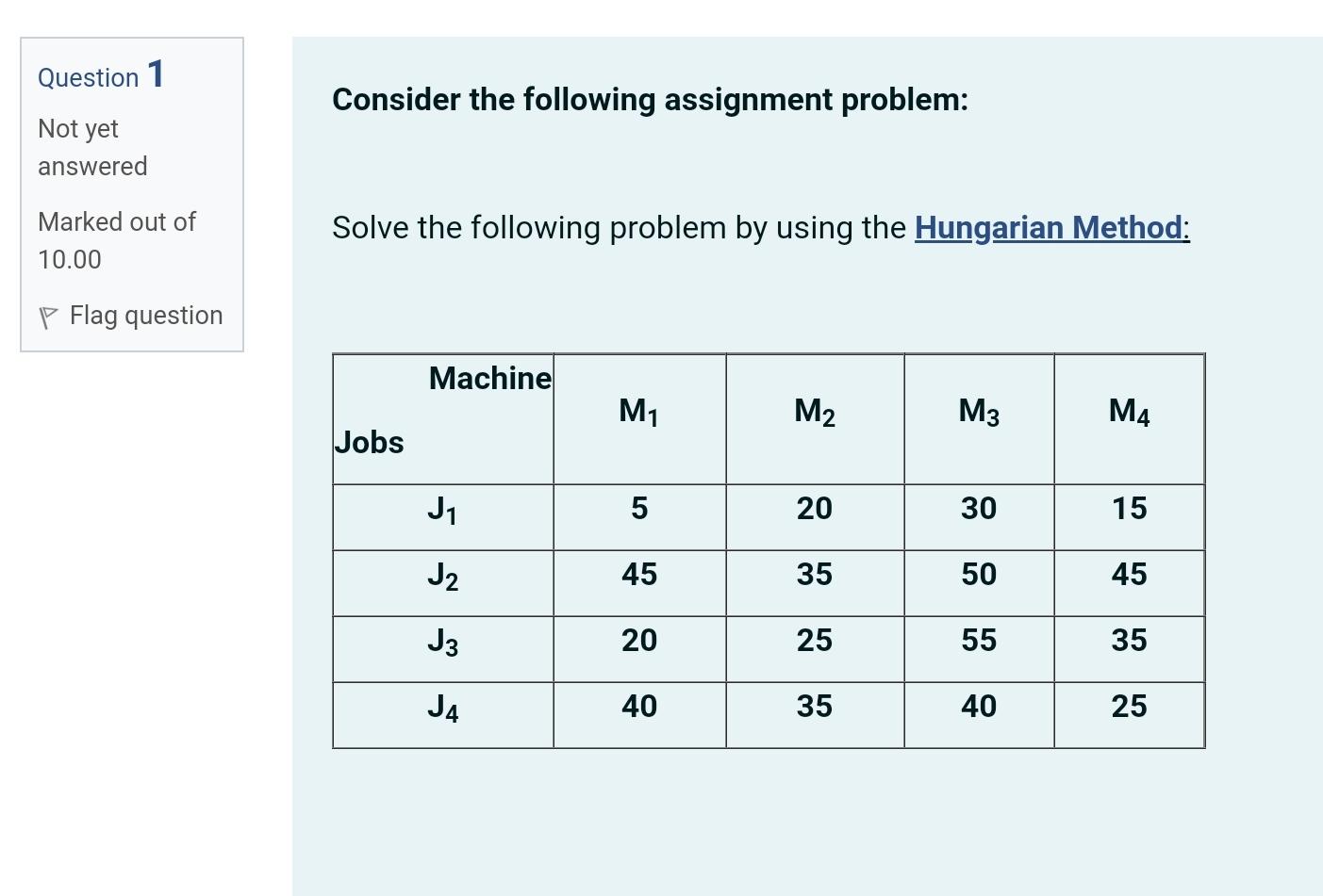 solve the following assignment problem machine