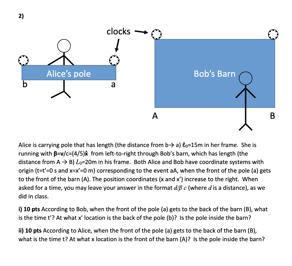 Solved 2 Clocks Alice S Pole Bob S Barn A A B Alice Is C Chegg Com