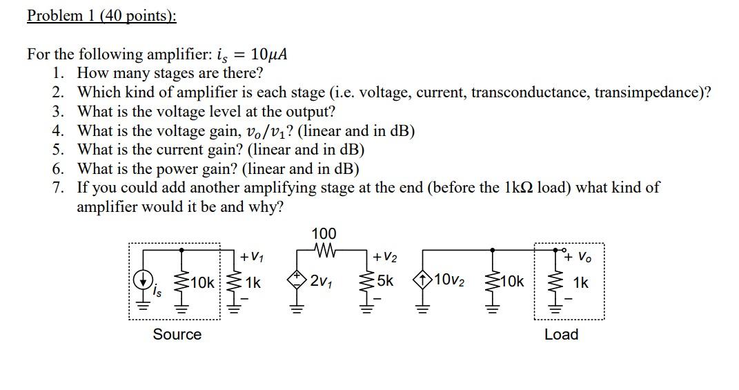 Solved Problem 1 (40 Points): = For The Following Amplifier: | Chegg.com