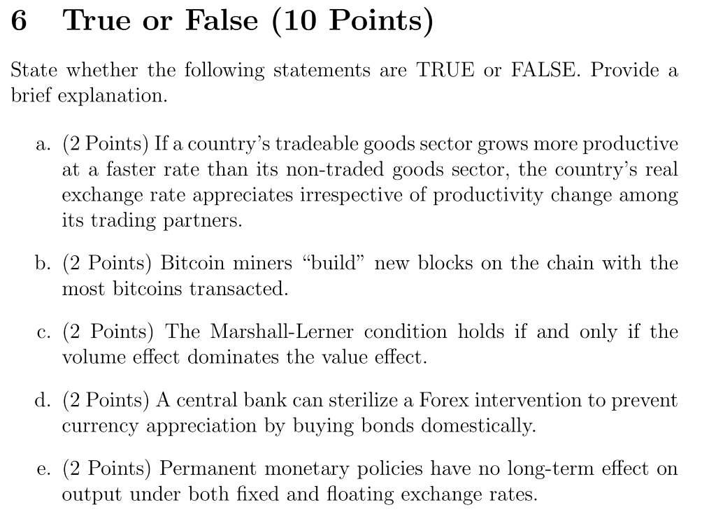 Solved 6 True or False (10 Points) State whether the | Chegg.com
