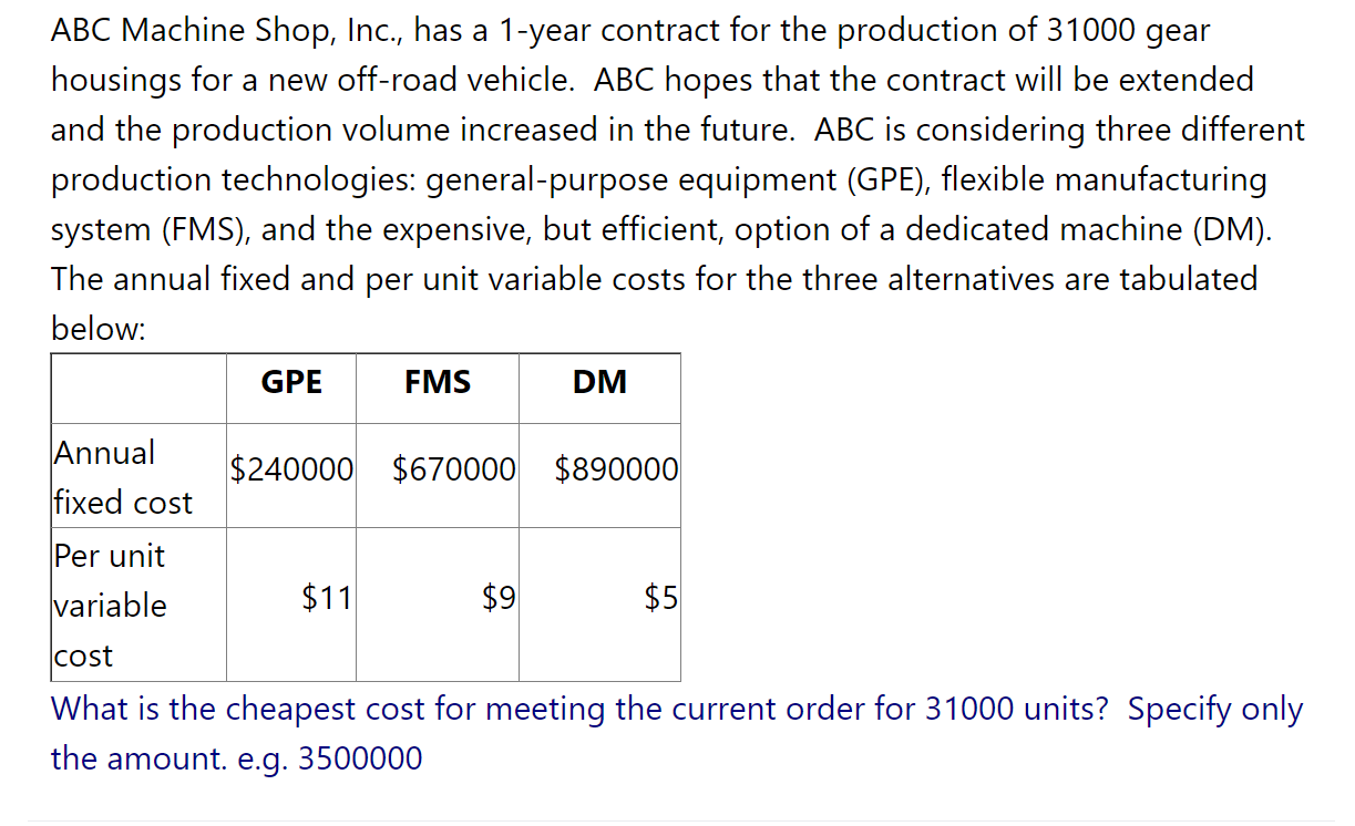 Solved ABC Machine Shop, Inc., has a 1-year contract for the | Chegg.com