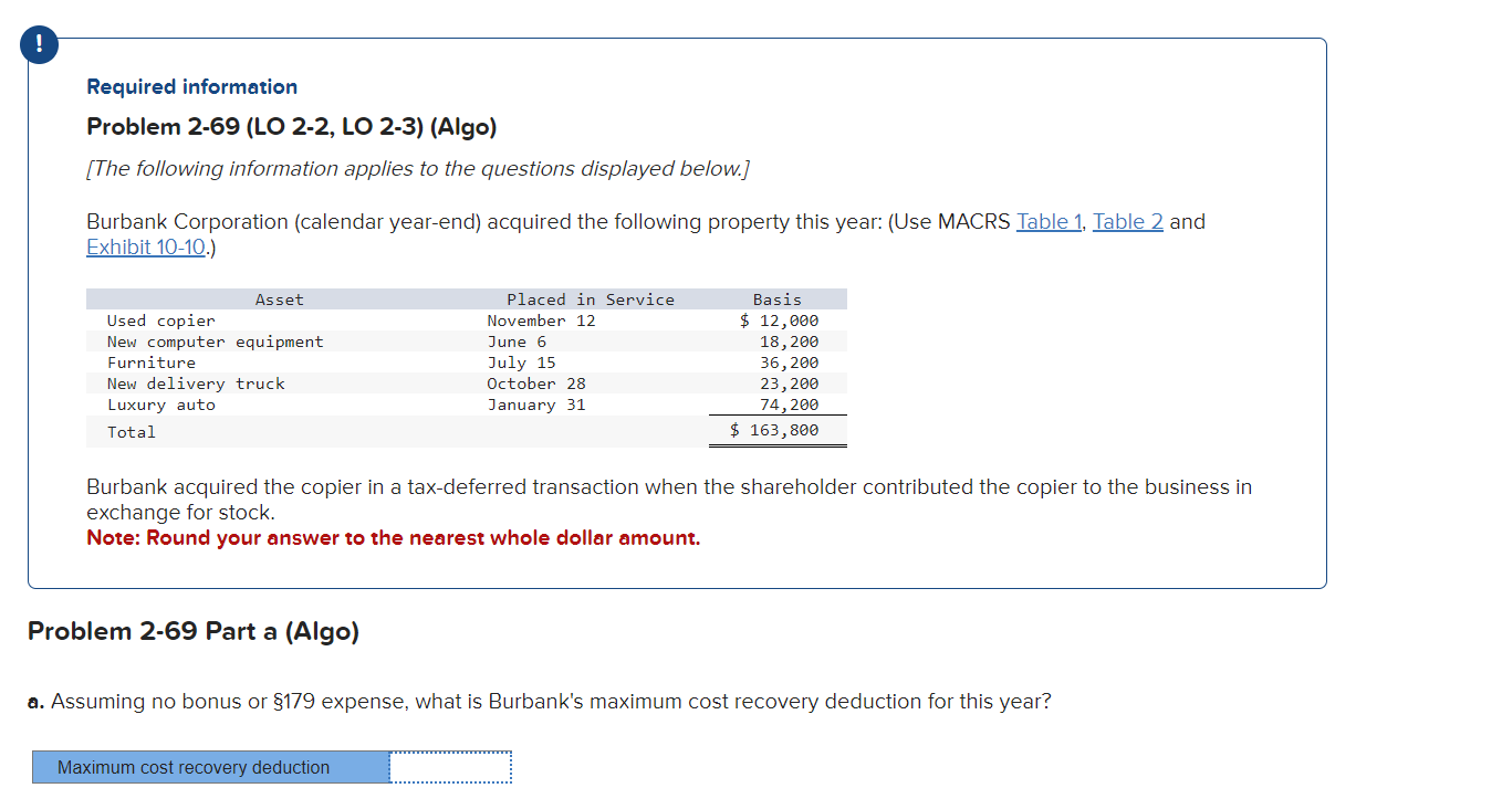 Solved B. What is Burbank's maximum cost recovery deduction