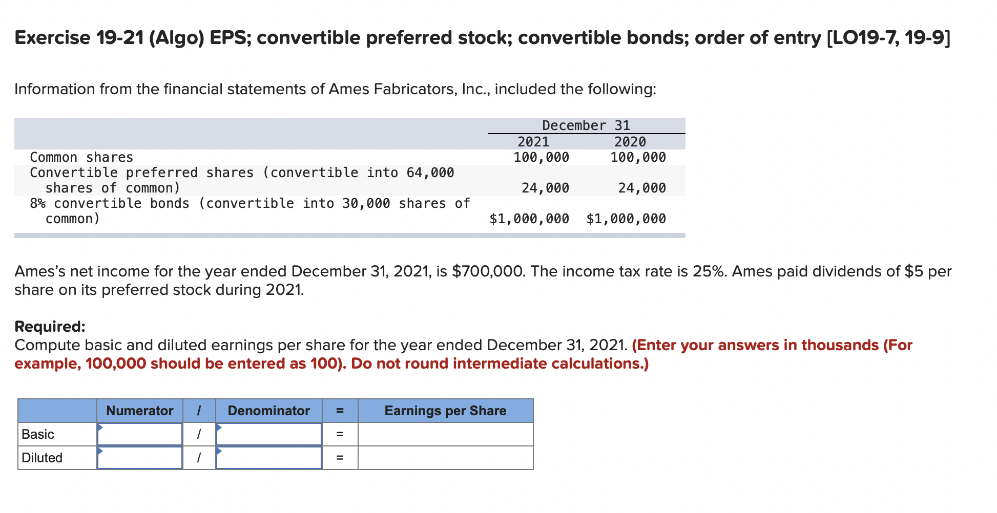 Solved Exercise 19-21 (Algo) EPS; Convertible Preferred | Chegg.com