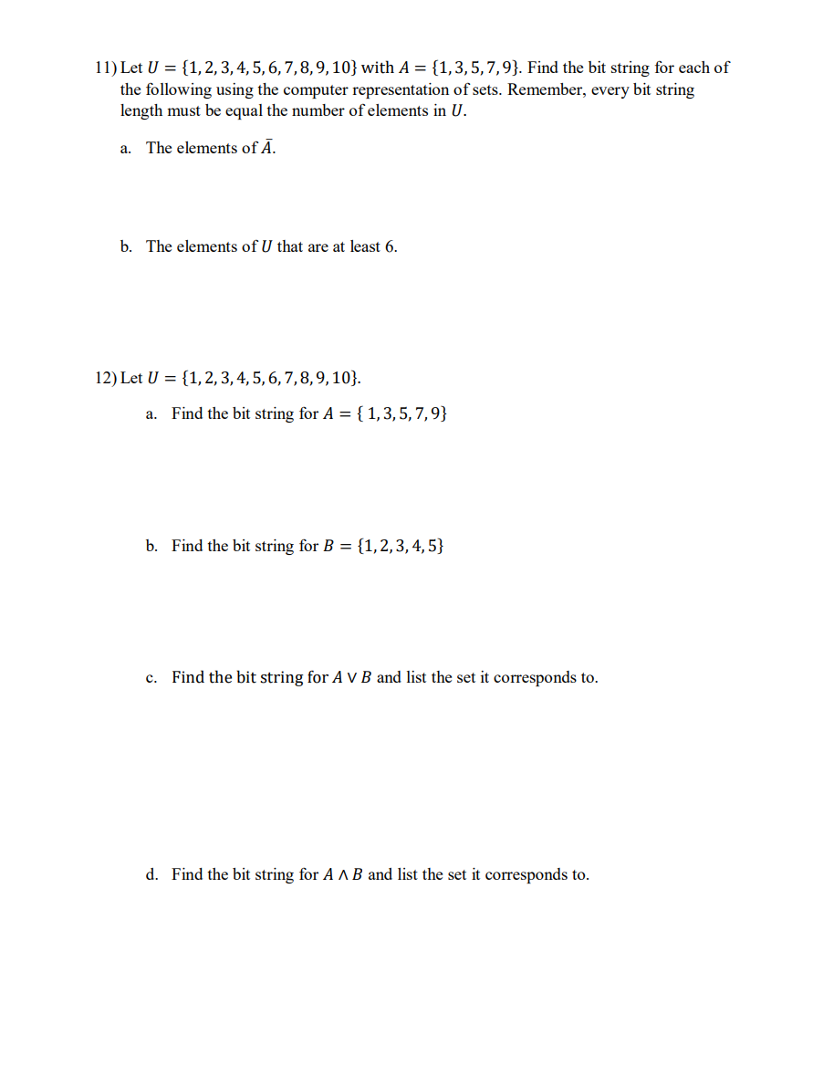 Solved 11) Let U = {1,2,3,4,5,6,7,8,9,10} With A = | Chegg.com