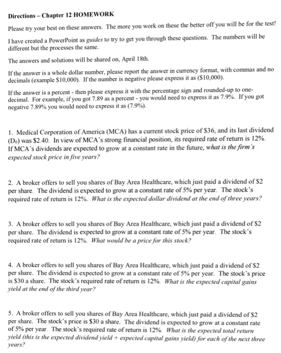 Solved Directions Chapter 12 HOMEWORK Please try your best | Chegg.com