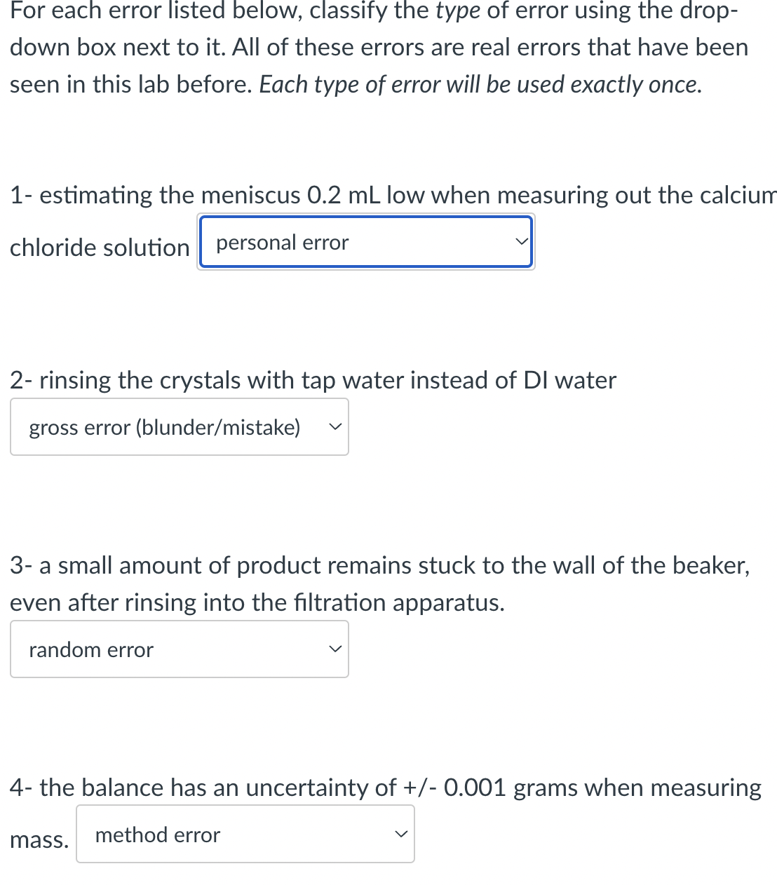 Solved For each error listed below, classify the type of | Chegg.com