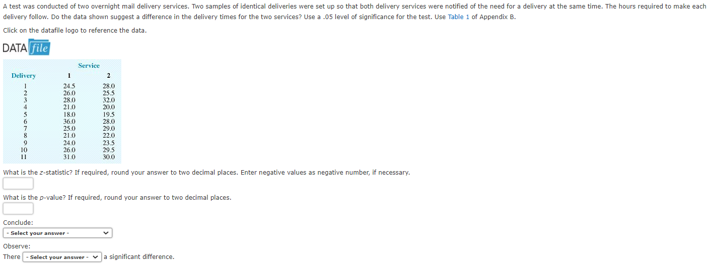 Solved A test was conducted of two overnight mail delivery