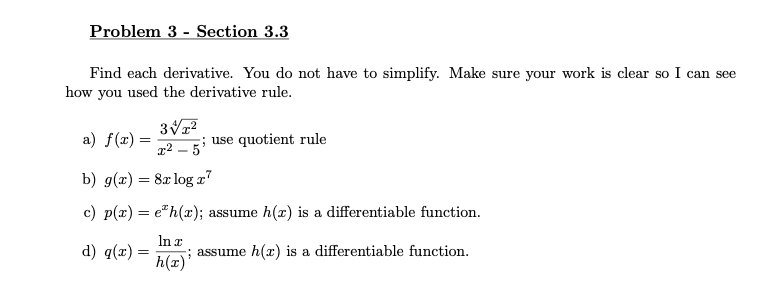 Solved Problem 3 - Section 3.3 Find Each Derivative. You Do | Chegg.com