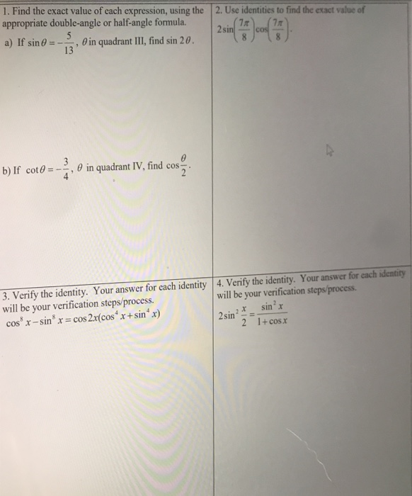 Solved 1. Find the exact value of each expression, using the | Chegg.com