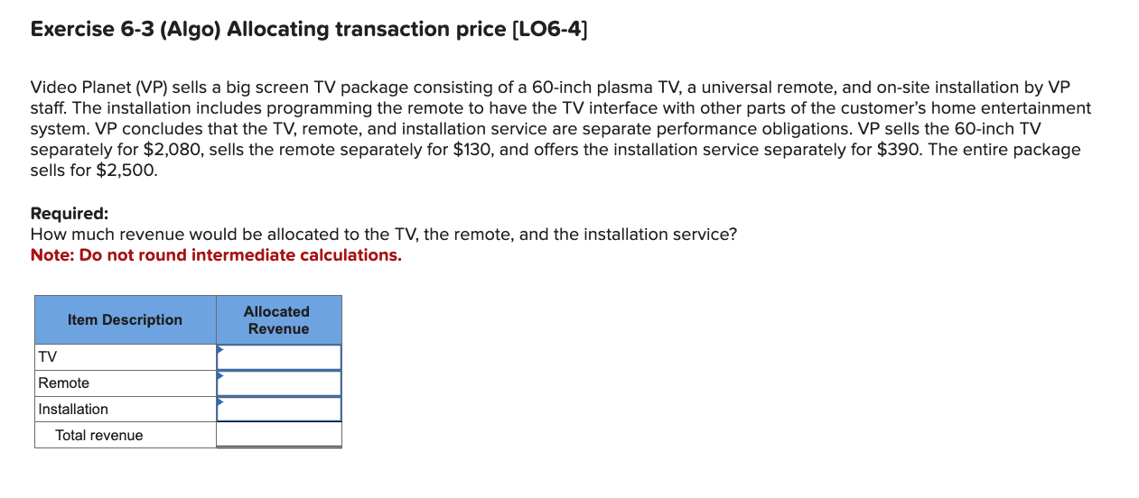 Solved Exercise 6-3 (Algo) Allocating transaction price | Chegg.com