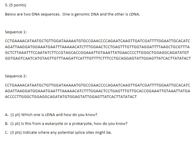 Solved 5. (5 points) Below are two DNA sequences. One is | Chegg.com