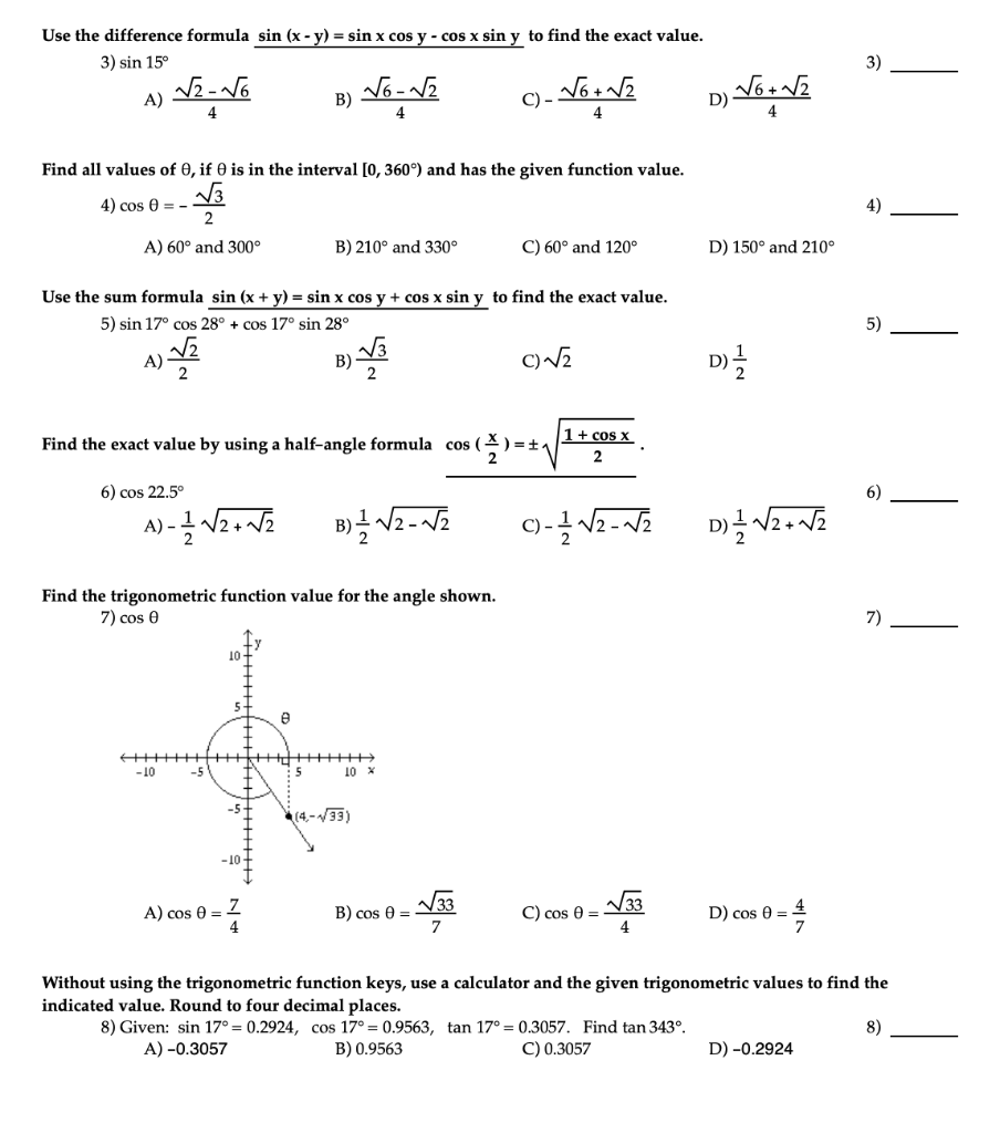 Solved 3) Use the difference formula sin (x - y) = sin x cos | Chegg.com