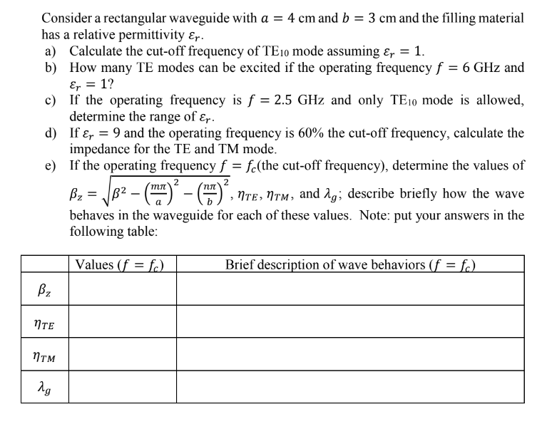 Solved Consider a rectangular waveguide with a = 4 cm and b | Chegg.com