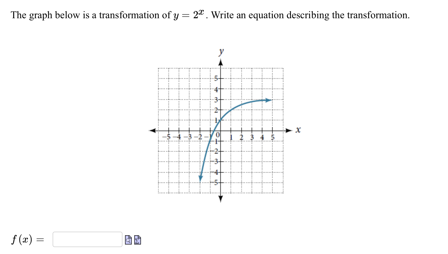 Solved The graph below is a transformation of y=2x. Write an | Chegg.com