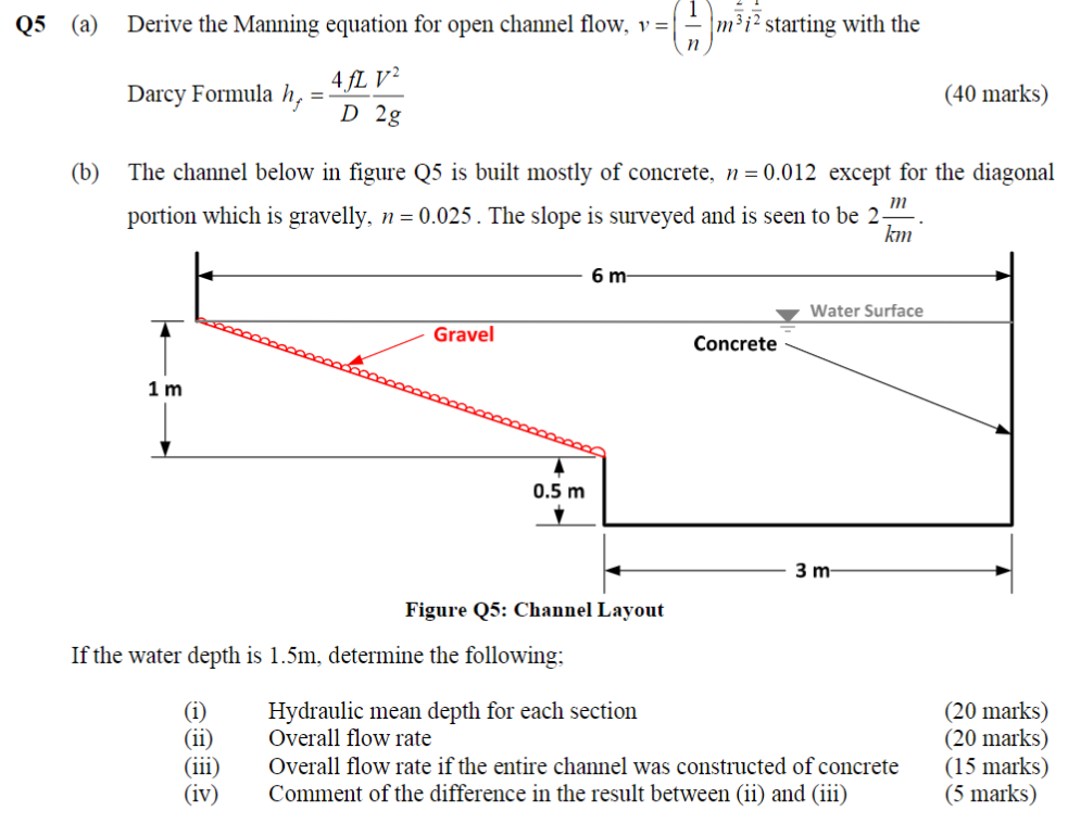 Q5 (a) Derive the Manning equation for open channel | Chegg.com