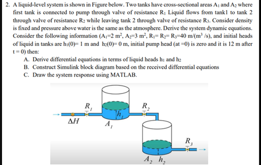 2. A liquid-level system is shown in Figure below. Two tanks have cross-sectional areas \( \mathrm{A}_{1} \) and \( \mathrm{A