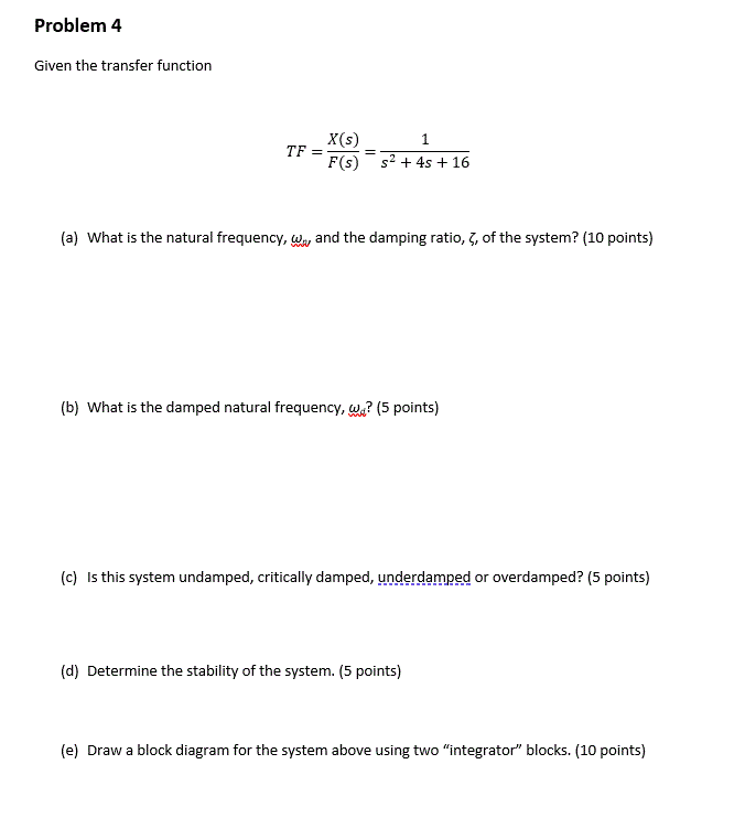 Solved Problem 4 Given the transfer function 1 TF X(S) F(s) | Chegg.com