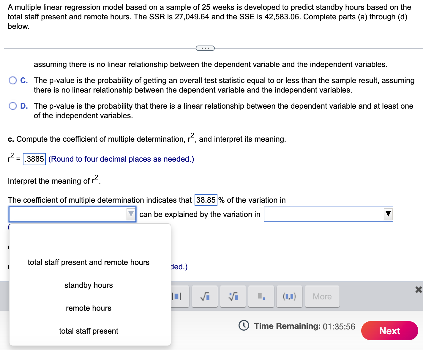 Solved A multiple linear regression model based on a sample | Chegg.com
