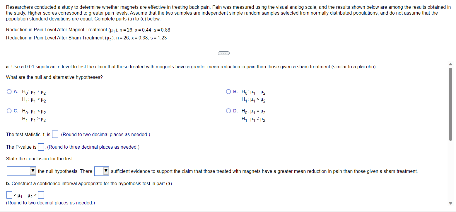 Solved population standard deviations are equal. Complete | Chegg.com