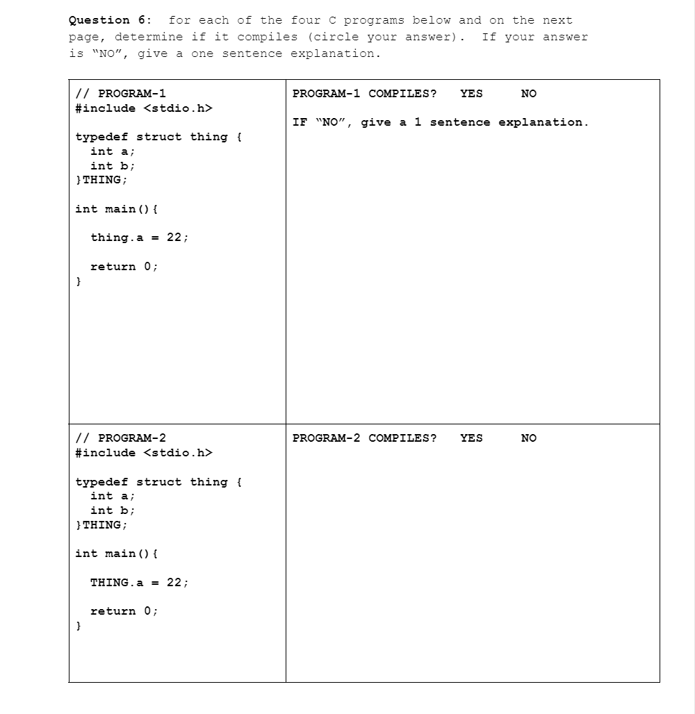 Solved Question 6: for each of the four C programs below and | Chegg.com