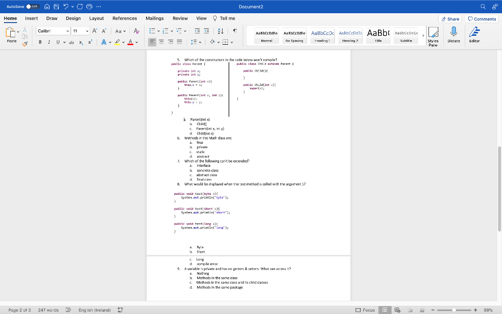 Solved AutoSave OFF A CO Document2 Home Insert Draw Design | Chegg.com