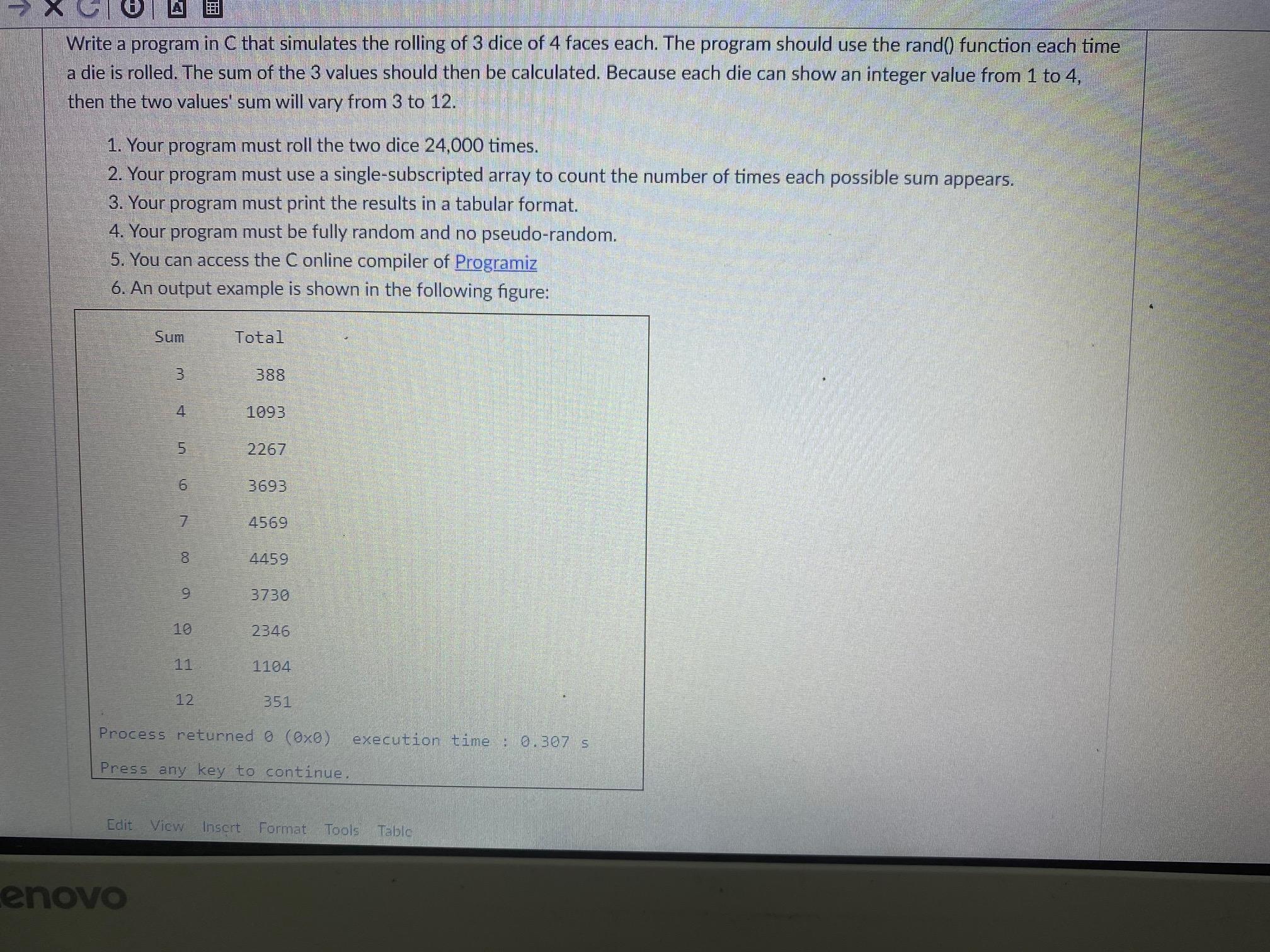 Solved Write a program in C that simulates the rolling of 3 | Chegg.com