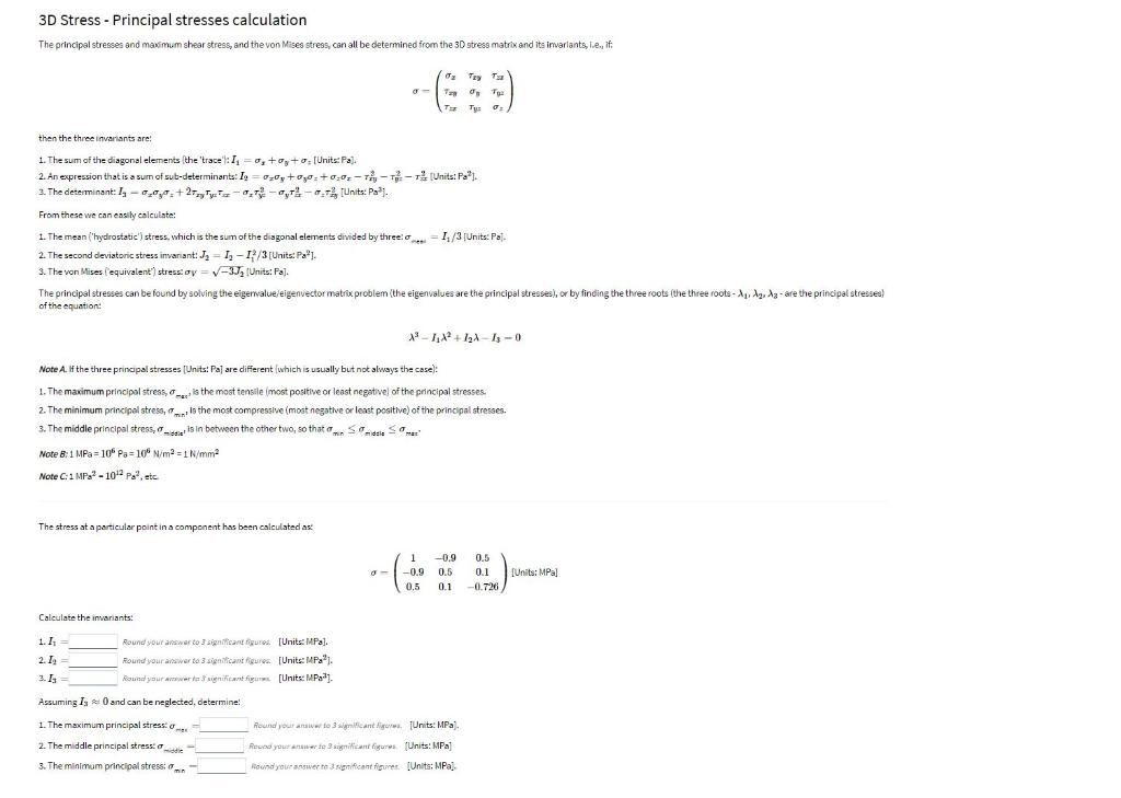 Solved 3D Stress - Principal stresses calculation The | Chegg.com