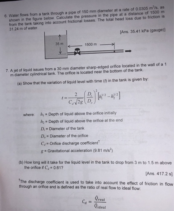 Solved 6. Water Flows From A Tank Through A Pipe Of 150 Mm | Chegg.com