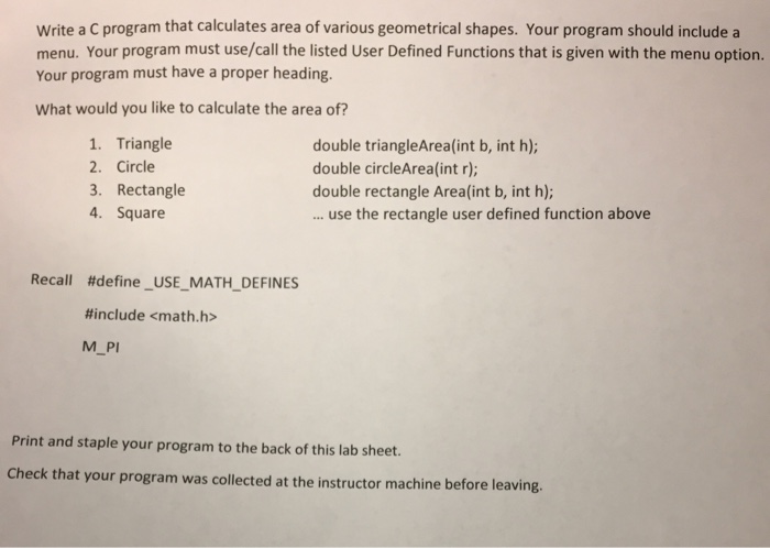 Solved Write a C program that calculates area of various | Chegg.com