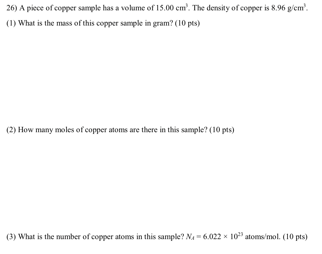 Solved 26) A piece of copper sample has a volume of 15.00 | Chegg.com