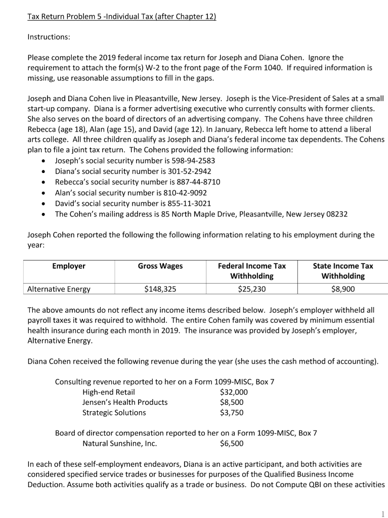 Tax Return Problem 5 - Individual Tax (after Chapter | Chegg.com