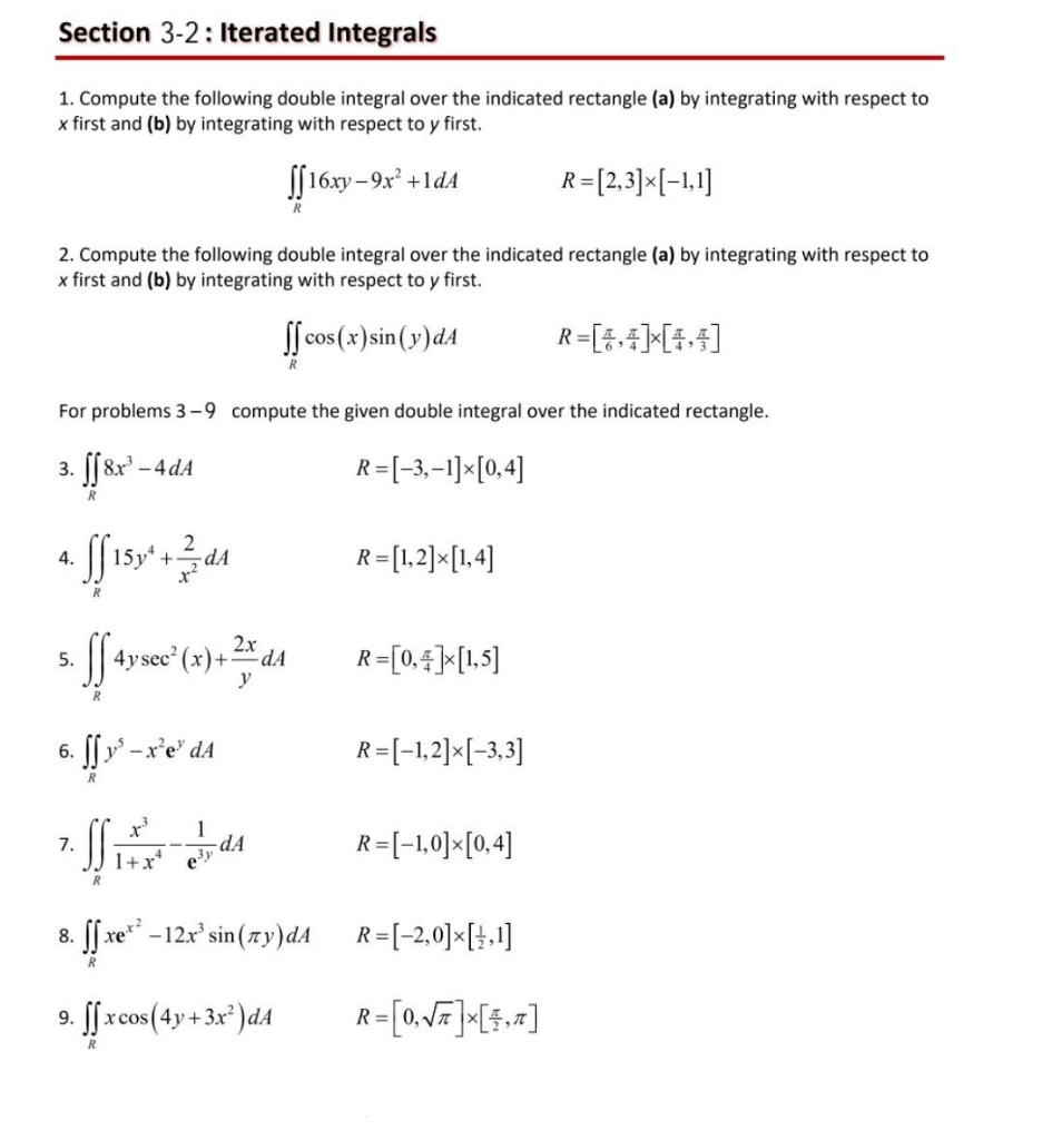 Solved Section 3-2: Iterated Integrals 1. Compute The | Chegg.com