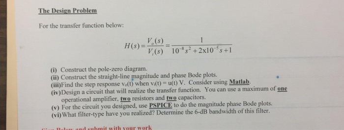 Solved The Design Problem For the transfer function below: V | Chegg.com