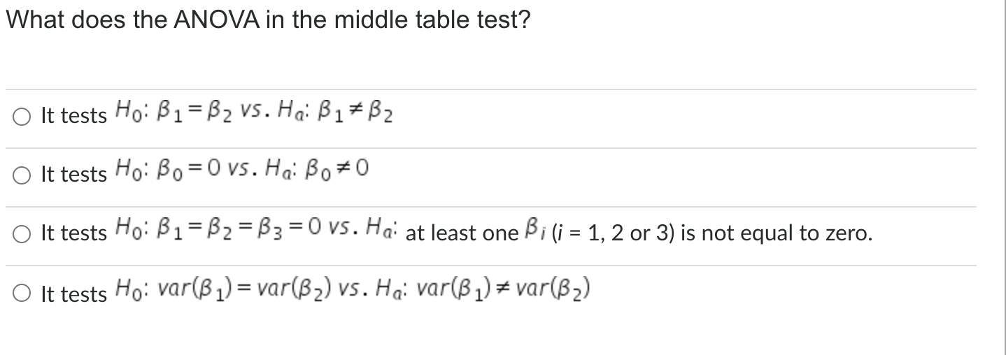 What does the ANOVA in the middle table test?
It tests \( H_{0}: \beta_{1}=\beta_{2} \) vs. \( H_{a}: \beta_{1} \neq \beta_{2