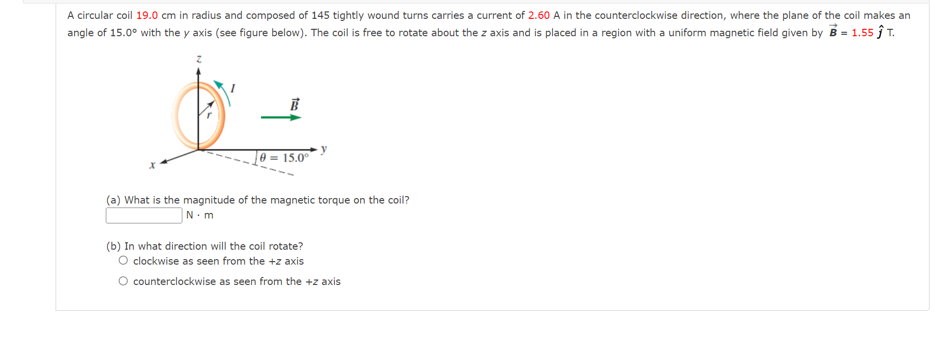 Solved A circular coil 19.0 cm in radius and composed of 145 | Chegg.com