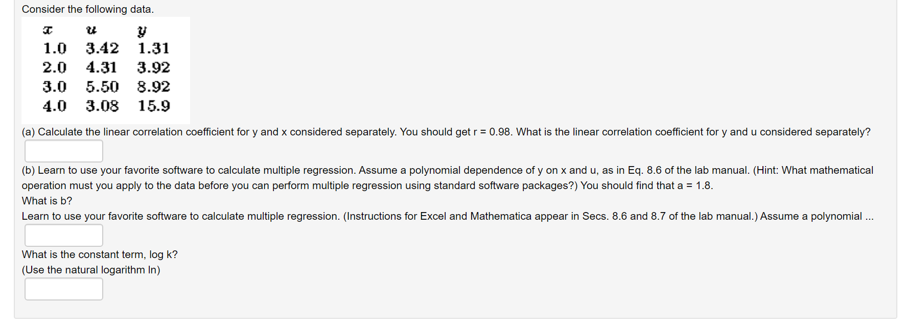 Solved Consider the following data. c 1.0 2.0 3.0 4.0 3.42 | Chegg.com