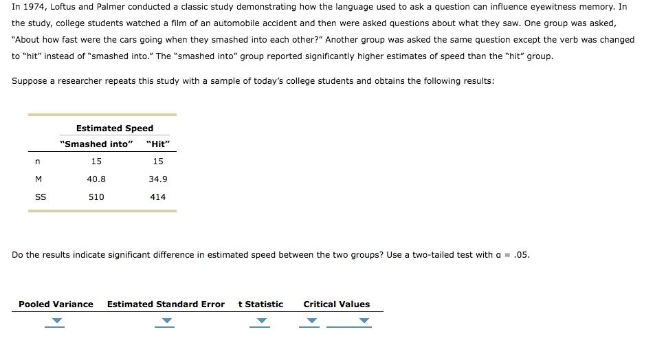 Solved In 1974 , Loftus and Palmer conducted a classic study