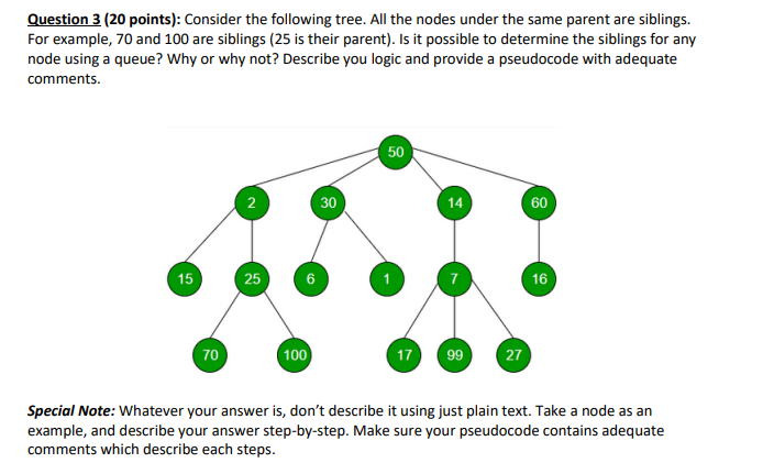 Question 3 (20 points): Consider the following tree. All the nodes under the same parent are siblings. For example, 70 and 10