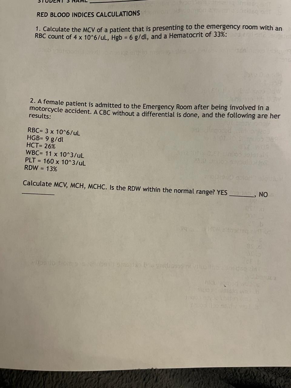 Solved 1. Calculate the MCV of a patient that is presenting | Chegg.com
