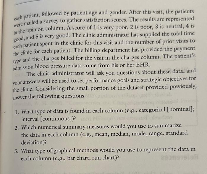each patient, followed by patient age and gender. After this visit, the patients were mailed a survey to gather satisfaction